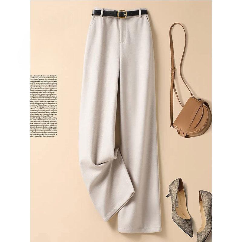 Grey Fashion Woolen Pants, Women's High Waisted Suit Trousers for Autumn and Winter