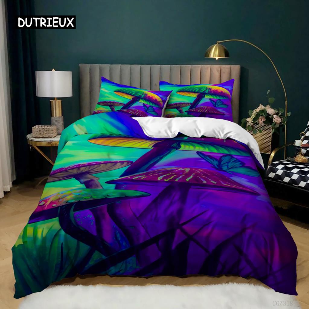 Mushroom Duvet Cover Set Queen Size Microfiber Mushrooms Ornate Doodles with Swirls Eyes Psychedelic Botany Bdding Set For Teens