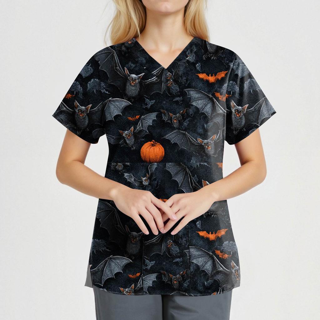 Tuta da donna alla moda con scollo a V, manica corta, con tasche, top stampati per Halloween, abbigliamento
