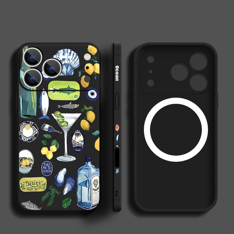 Contrast Color Cartoon Fish Conch Pattern Case For iPhone 16 Pro Max Magnetic For Magsafe Soft Cover For iPhone 17 15 14 13 Pro Max 17E 16E