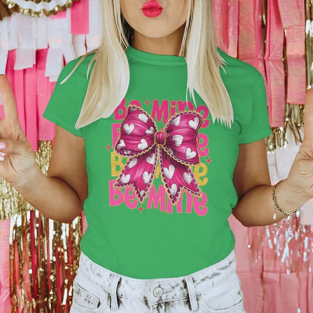 Rosa Valentinstag Coquette Herz T-Shirts Damen Be Mine Kurzarm-T-Shirt Glitzer Coquette Valentinstag Shirt Design Damen T-Shirt