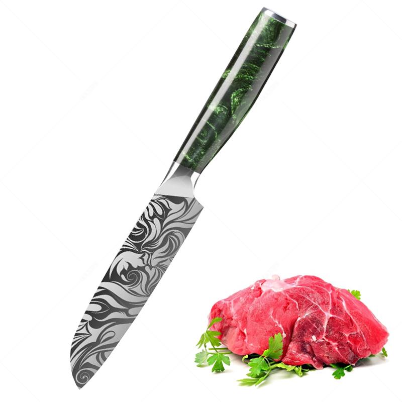 Stainless Steel Santok Knife Exquisite Laser Cut Meat Cutting Fruit and Vegetable Knife Green Resin Handle Household Kitchen Knife
