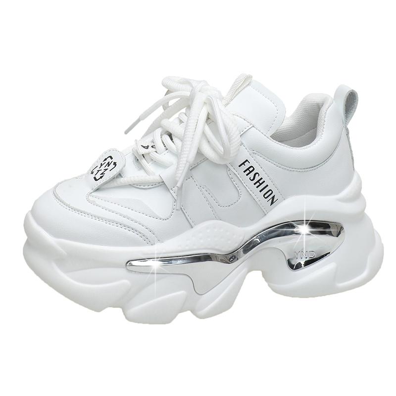 

Модные кроссовки из натуральной кожи для женщин высшего качества, осенние, на шнуровке, на платформе 6 см, на толстой подошве, спортивные, для ходьбы, массивные туфли, женские, весенние 36 белый