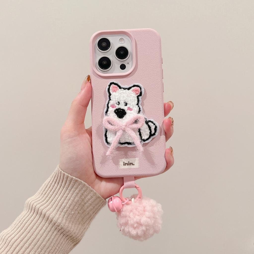 Bow Embroidered West Highland Lychee Pattern IPhone16 15 Mobile Phone Case Suitable for Apple 14 13pmax Cartoon