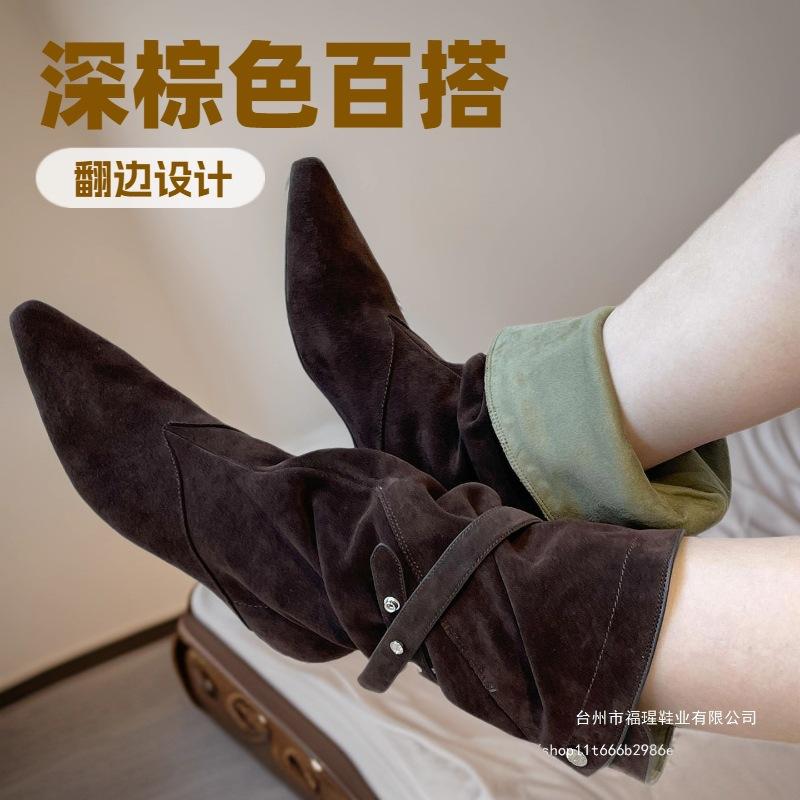 Large Size Pointed Western Cowboy Boots Niche Oblique Neckline Buckle Medium Boots 2025 New Two-wear Stacking Boots