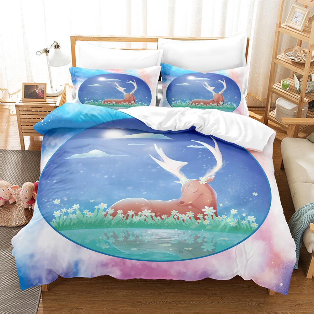 Elk Duvet Cover Set 3D Print Cartoon Elk Colourful Background Flowers Leaves King Size for Kids Boys Girl Polyester Bedding Set