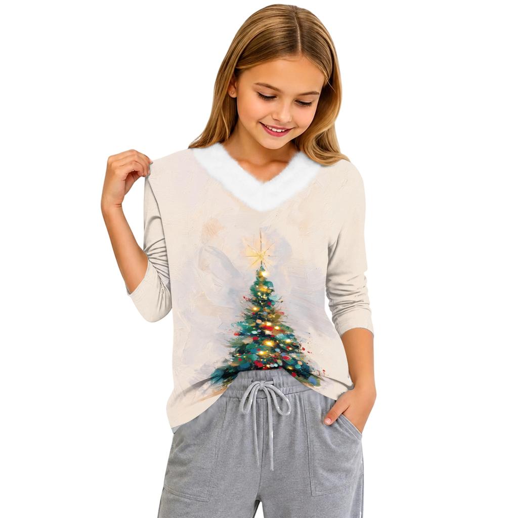 Girls V-Neck Christmas Print Top for Winter