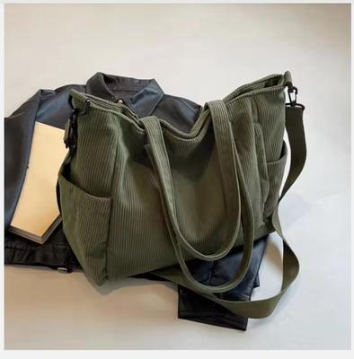Sac fourre-tout en velours côtelé pour femme Sac à main décontracté multi-poches Bandoulière réglable Sac bandoulière à fermeture éclair Sac Automne Hiver