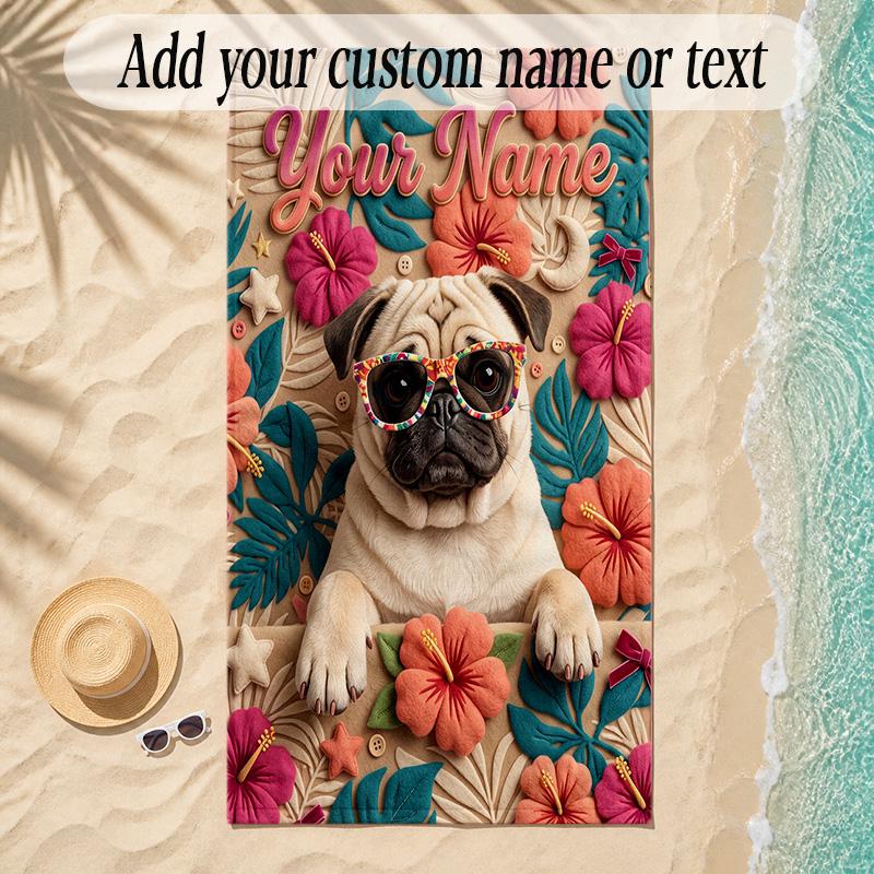 Pug Theme Soft Beach Towel Personalized Custom Name Text Towel Portable for Beach Pool Travel