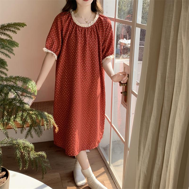 Pigiama Estivo da Donna in Cotone Riposo Carino Stampa a Pois Rossi Manica Corta Sottile Ampio Camicia da Notte Vestito da Esterno Abbigliamento per la Casa