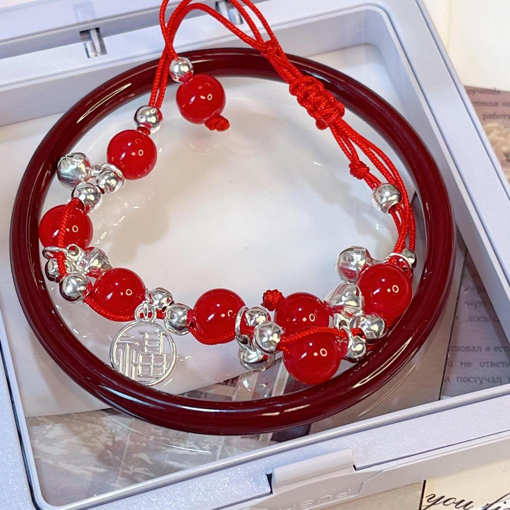 Miao Girl~Red Rope Bell Bracelet Handmade Woven Bright Playful Girl Heart Hand Accessory Exquisite Bowknot