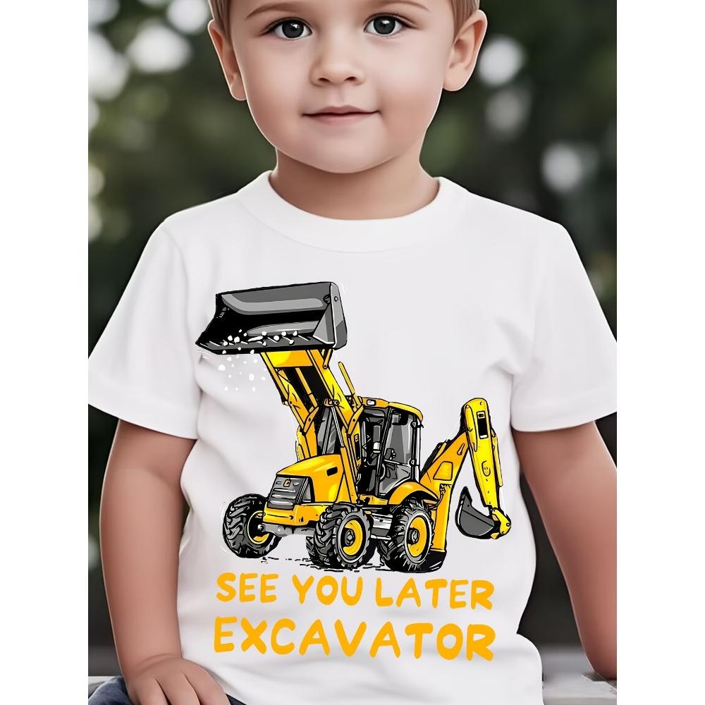 Children's T-shirt with excavator print, fashionable cartoon short-sleeved T-shirt, stylish, comfortable and casual