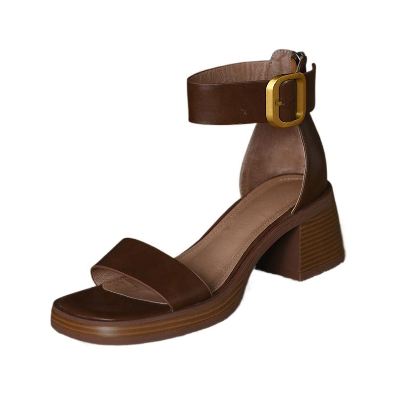 Fashion Women's Sports Shoes Beige Hardened Sole Open Toed Sandals Rear Zipper Peep Toe Retro High Heels