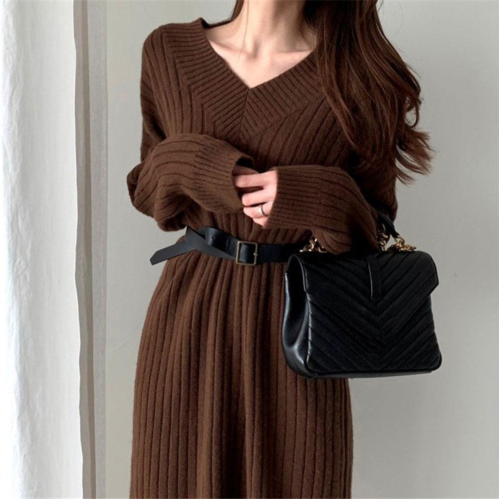 

Корейская женская зимняя одежда бежевый трикотаж трикотаж до колена платье офисные женские пуловеры свитер платья для женщин OneSize кофейный