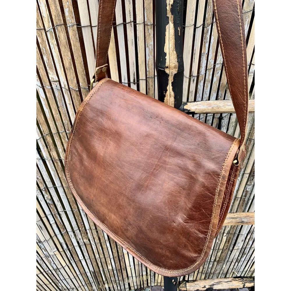 Винтажная марокканская коричневая промасленная кожаная сумка-седло из козьей кожи — фото 4