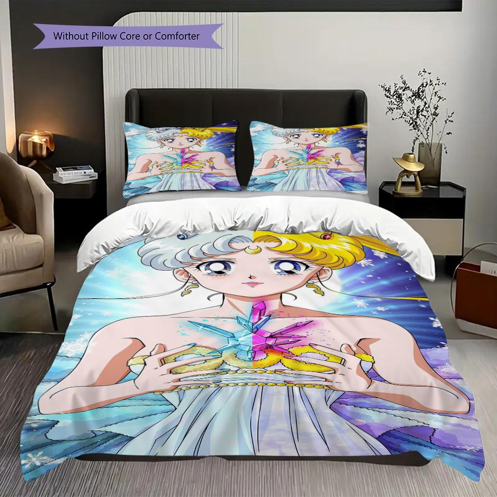 Süßes Cartoon-Thema Sailor Moon Tsukino Usagi Cartoon bequemer Heim-Bettbezug und Kissenbezug (1 * Bettbezug + 2 * Kissenbezug, ohne Füllung)A12