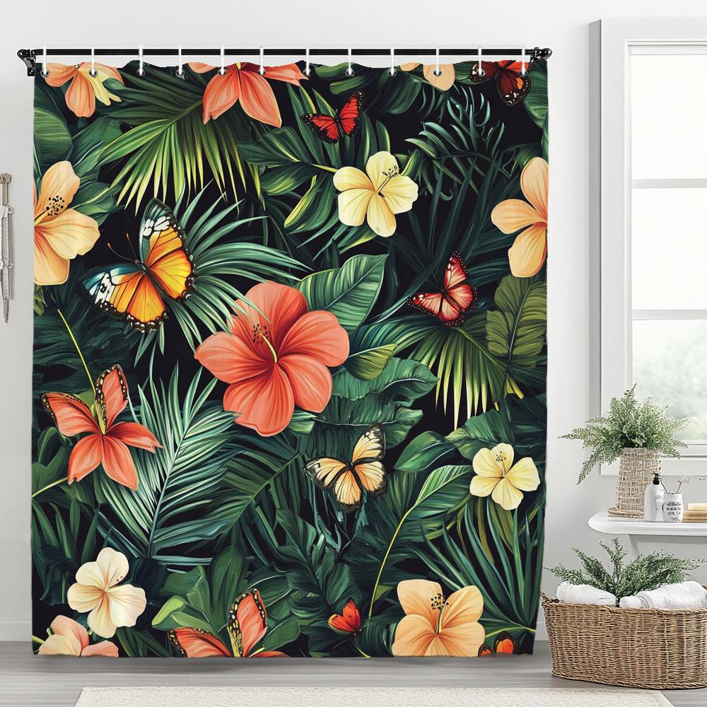Tropical Plant Leaves Shower Curtain for Bathroom Romantic Wildflower Plants Nature Scenery Decorative Curtain Set with Hooks