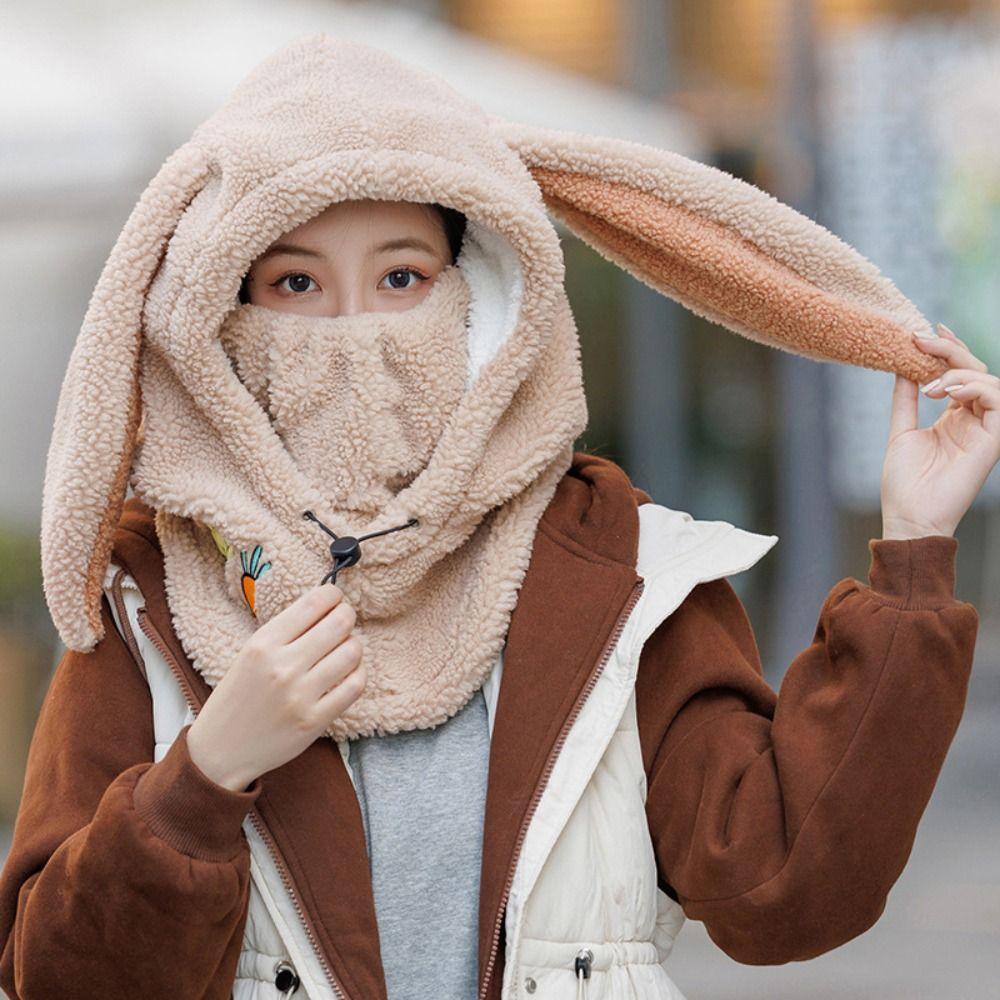 Drawstring Masks Hood Beanies Cartoon Fleece Pullover Cap Rabbit Ear Balaclava Hat  Girls
