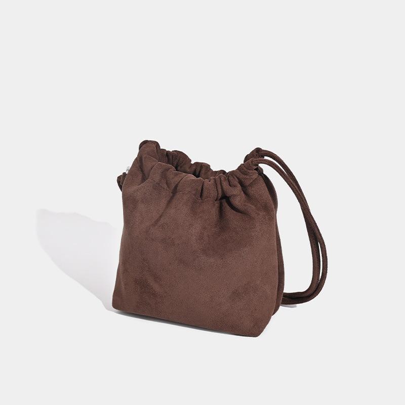 Vintage Red Suede Bucket Bag Women's Niche Keychain Drawstring Mouth Crossbody Bag