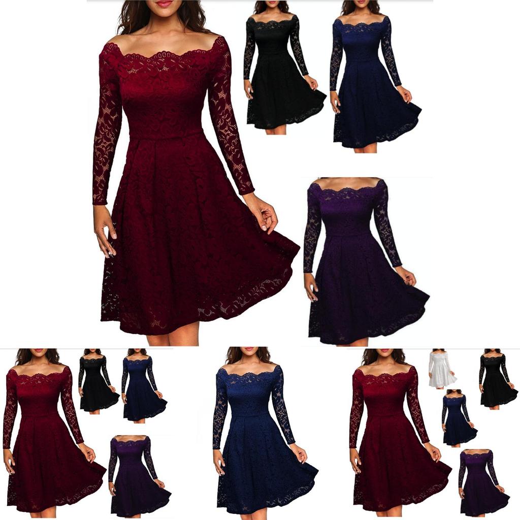 Elegant Women's Vintage Lace Boat Neck Formal Wedding Cocktail Evening Party Swing Dress