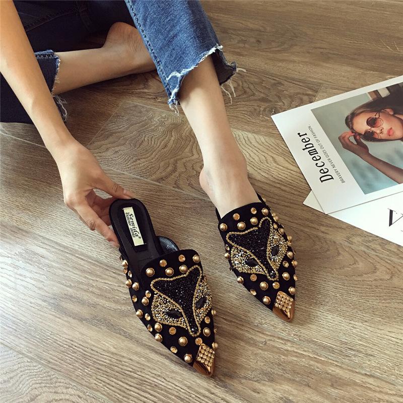 Designer Rhinestone Fox Half-Slippers For Women Pointed Tip Rivet Women'S Slippers Flat Bottom Women'S Shoes Sandalias De Mujer