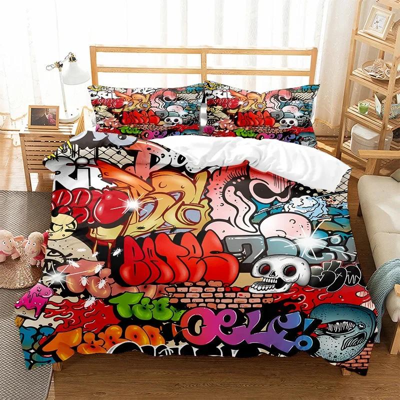 Art Style Print Graffiti Full Comforter Cover Set - 2 Person Bed Linen Set With Duvet Cover And Pillowslips Personality Bedding