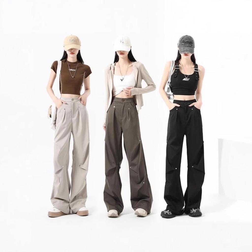 Women's 2025 Quick-Dry Rivet Work Pants: Spring/Summer, Narrow Straight-Leg, Casual, Wide-Leg