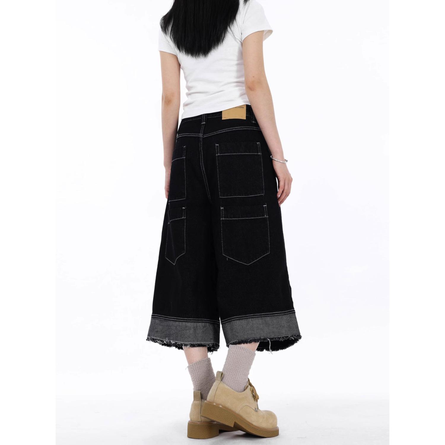 

Винтажные унисекс черные и серые контрастные джинсовые капри широкого кроя с необработанным краем 5XL: Height 155-165CM (175-185 jin)