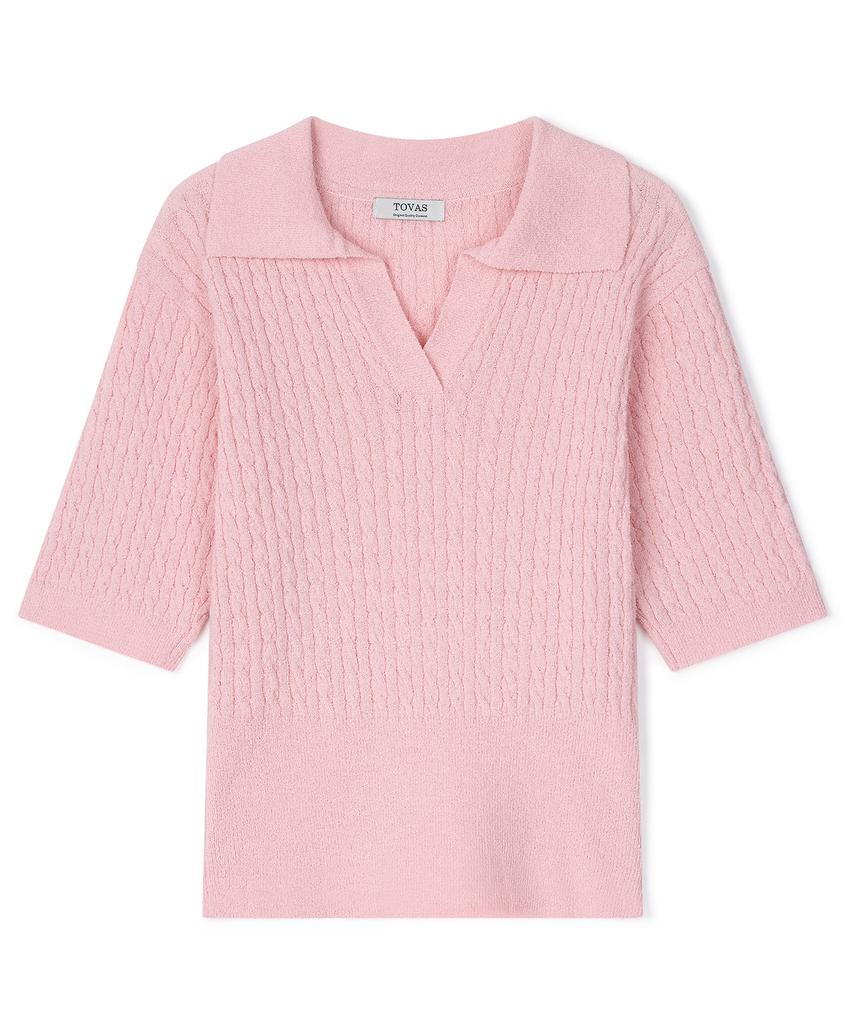 Tobaseu Boucle Cotton Cable Collar Short Sleeve Knit (Pink)