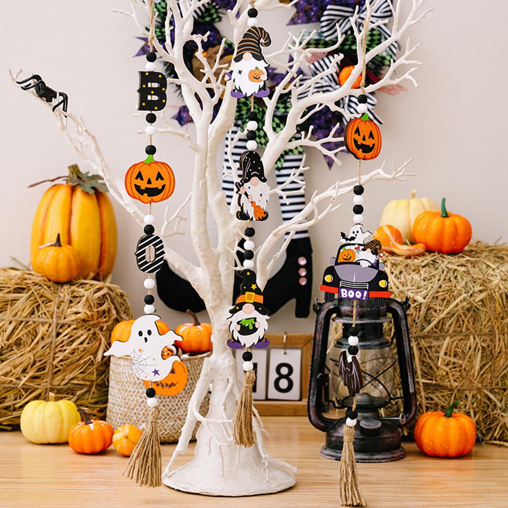 Halloween Wood Bead Pendant Gnome Pumpkin Bat Ghost Hanging Ornament Beaded Hanging Decoration for Party Decor