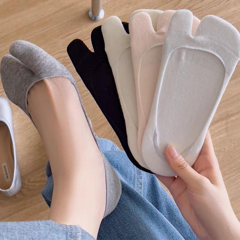 5pairs Fashion Invisible Non-slip Low Cut Boat Sock Solid Comfortable Breathable Two Finger Socks Summer Thin Cotton Tabi Socks