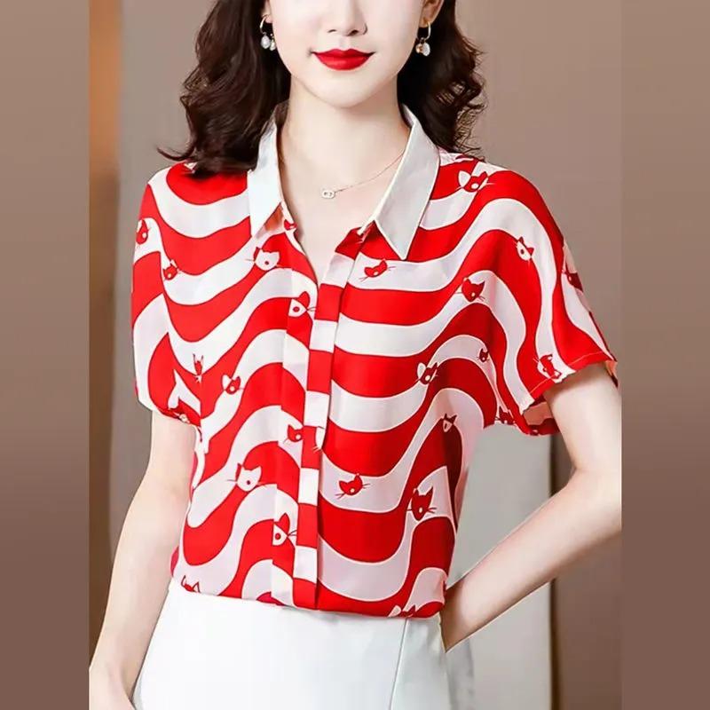 

Chiffon Shirt Women s Short-sleeved Summer Wear New Stand-up Collar Printed Design Niche Western Style Tops and Shirts 5XL червоний