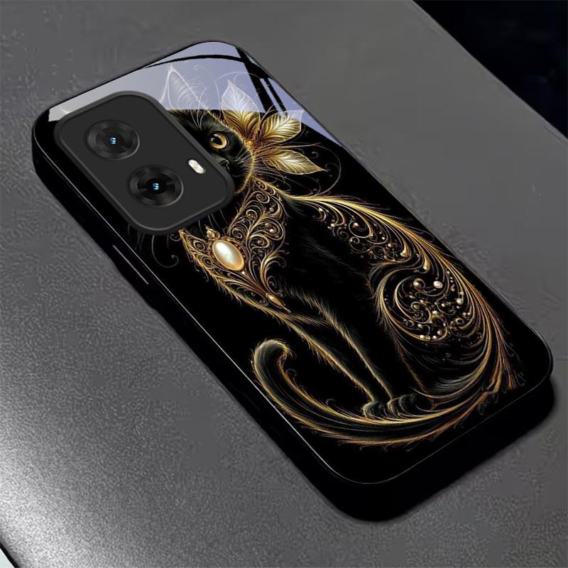 Luxury Jeweled Cat Black Glass Phone Case For Motorola Moto G14 G22 G24Power G24 G34 G35 G45 G54 55 G75 G84 85 Hard Black Cover