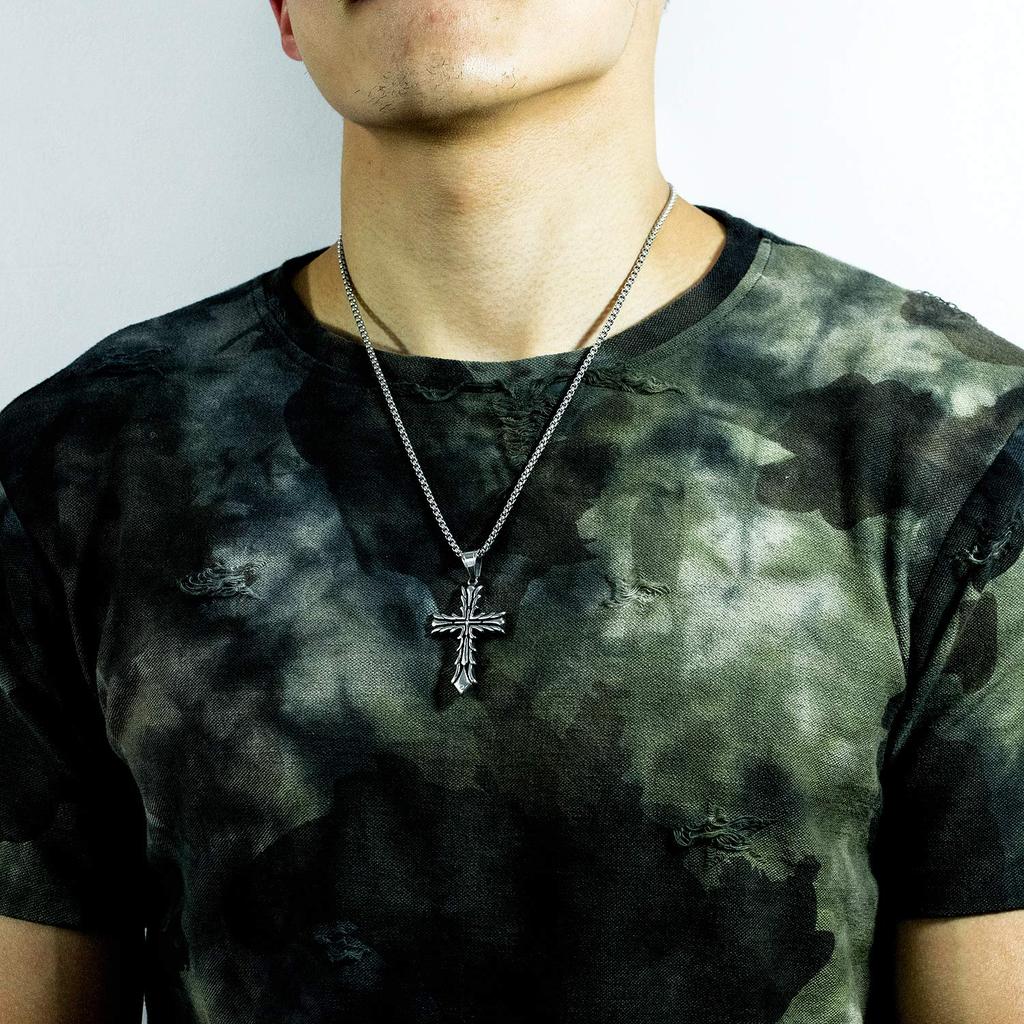 AIKS Jewelry Brand Necklace Titanium Stainless Steel Silver Jesus Cross Crucifix Necklace Hawaiian Men's Men's