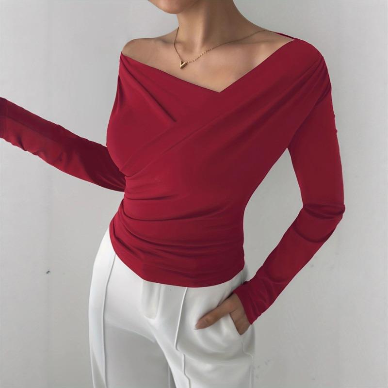 2025 Autumn Winter New Solid Color Fashion Off-shoulder Collar Slim Long Sleeves Versatile Commuter Top