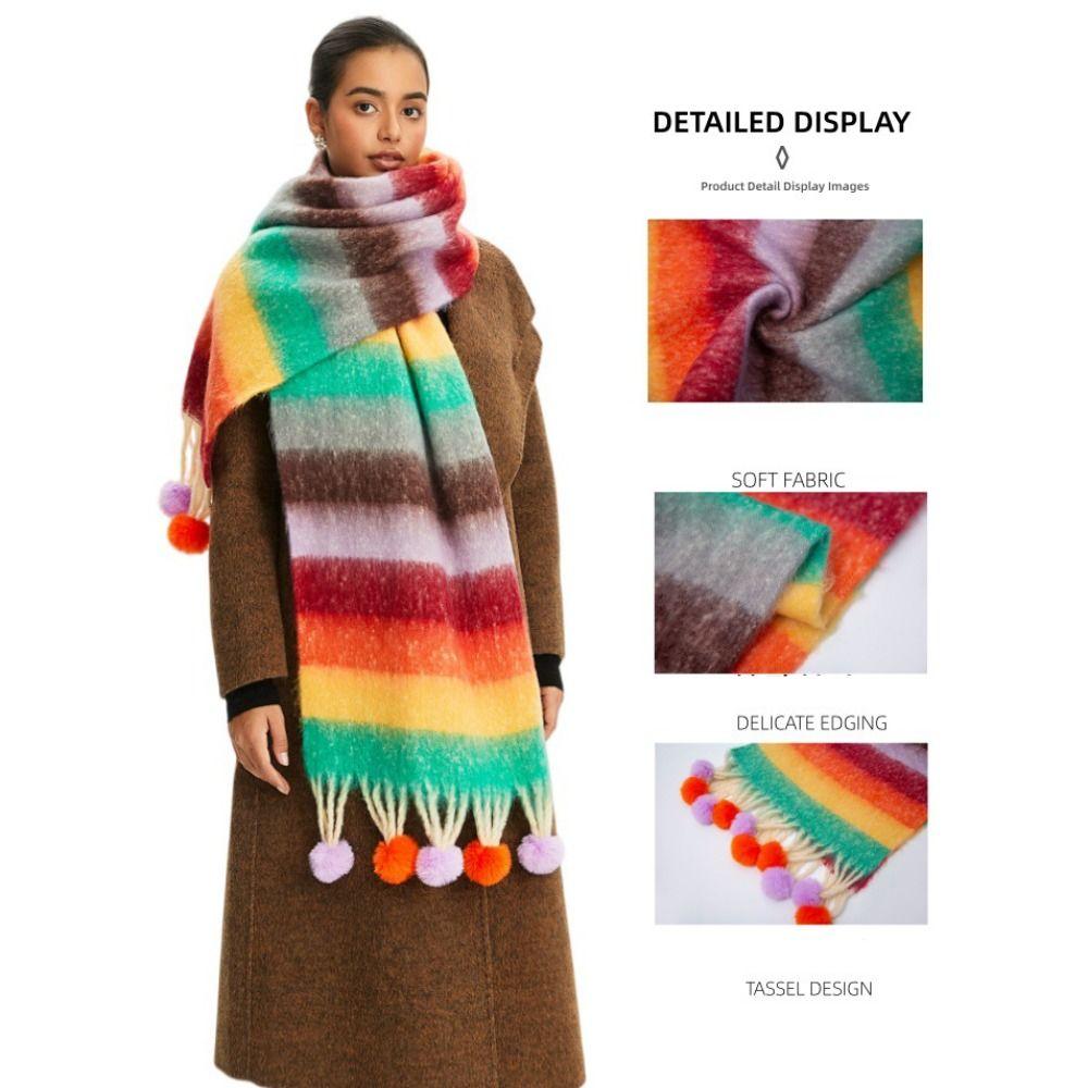 Mohair Rainbow Tassel Shawl Rabbit Fur Ball Women Cape Classic Plaid Wool Scarf  Women/Men
