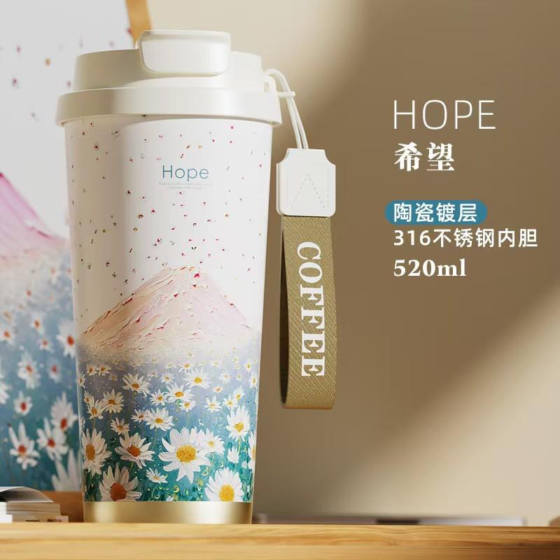 Ceramic Lined Insulated Coffee Tumbler With Straw Carry Rope 520ml Vacuum Travel Mug Women Men Office Car Outdoor