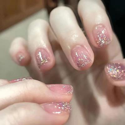 24pcs/set Pink Wearable Nails Glitter Powder Gradient Manicure Finished Wearable False Nail Stickers Press On Nail