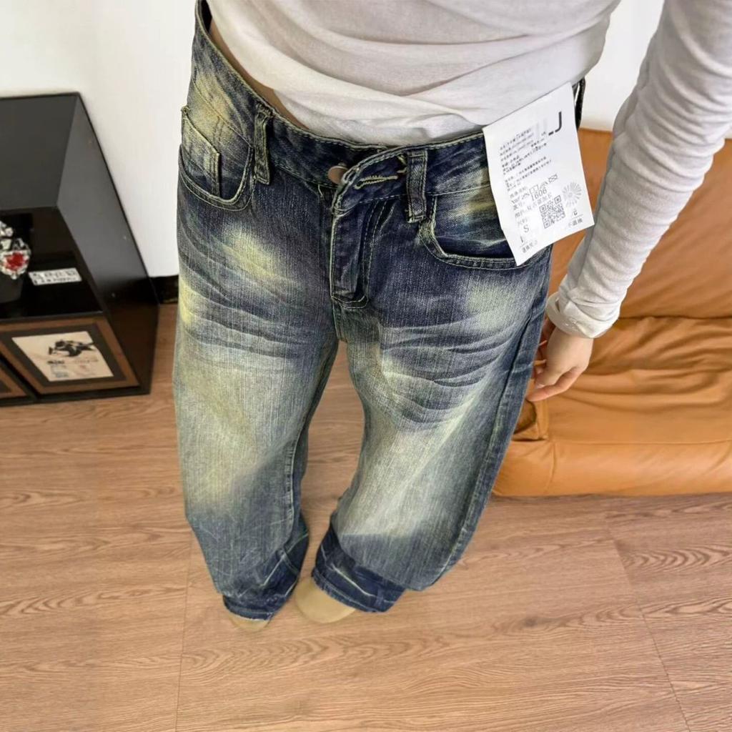 Damen Vintage Gewaschen Baggy Weite Beine Jeans Locker Gerade Denim Hose Streetwear