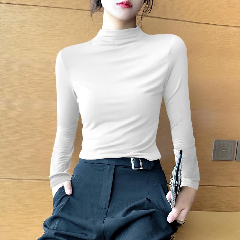 Autumn and Winter Elegant Half-high Collar Modal Base Shirt Women s Autumn Fleece-lined Women s Slim-fit Long-sleeved High Collar Inner Top one size белый