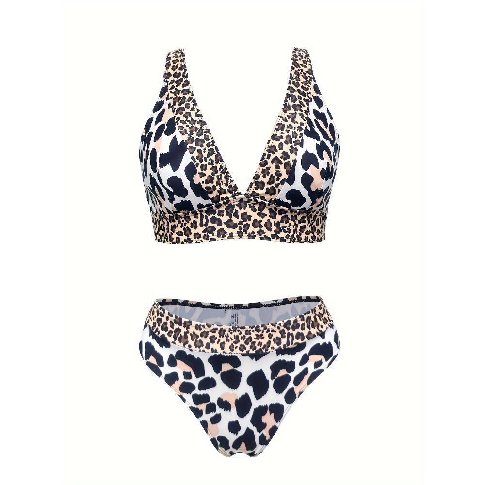 [Leopard Print Bikini] High-Waist, Stretchy Two-Piece Leopard Print Bikini Set for Women - V-Neck, Contrast Trim, Perfect for Beach & Spa