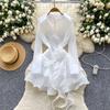 Light Luxury Daughter High-end Long-sleeved Dress Women's Summer V-neck Ruffle Leaf Edge Three-dimensional Flower Spice Girl Chic Short Skirt