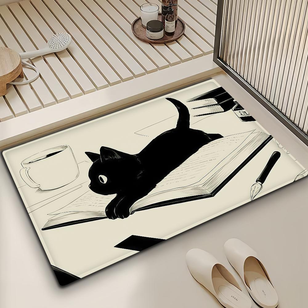 Cute Kawaii Black Cat Door Mat Bath Microfiber Decorative Versatile Flannel Floor Mat Quick Dry Absorbent Non-slip Sole