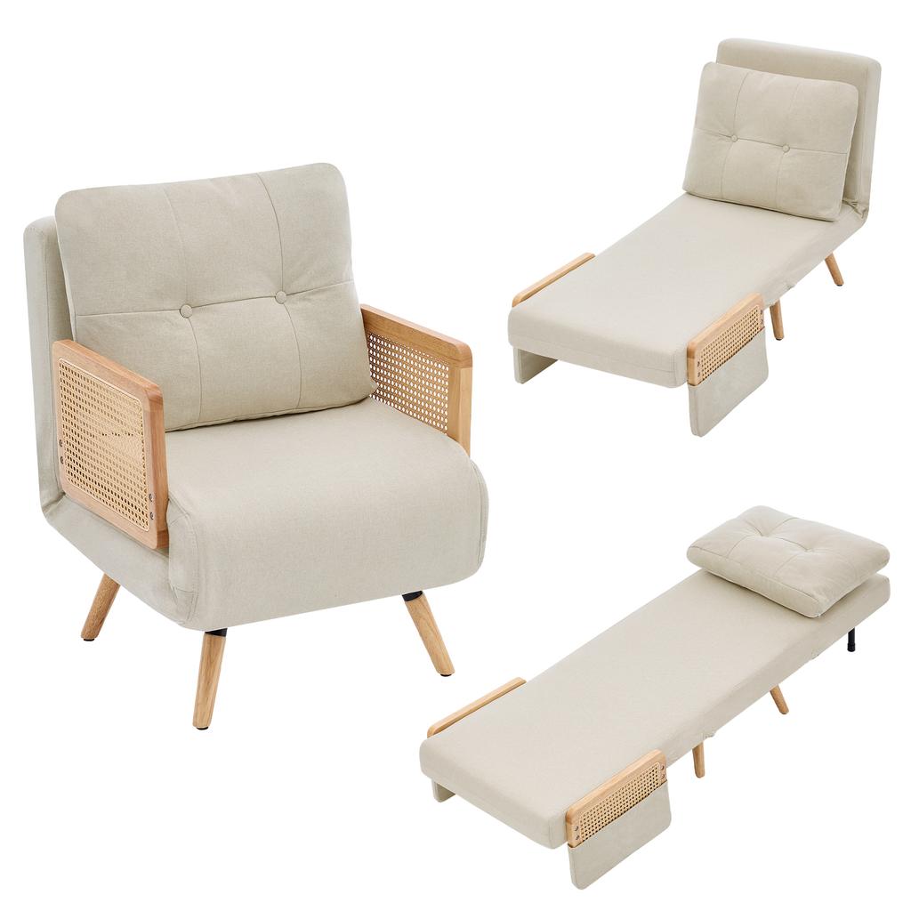 3-in-1 Sleeper Chair with Sleep Function, Foldable Relax Chair & Guest Bed, Lounge Chair with 5-Way Adjustable Backrest and Rattan Armrests, Beige.