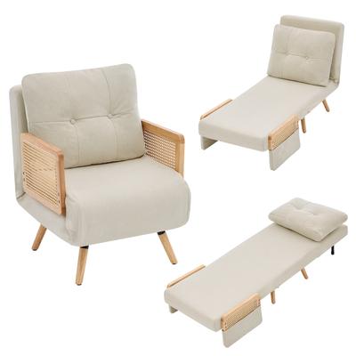 Sillón Cama 3 en 1 con Función de Dormir, Silla Plegable de Relax y Cama de Invitados, Sillón de Sala de Estar con Respaldo Ajustable en 5 Posiciones y Reposabrazos de Ratán, Beige.