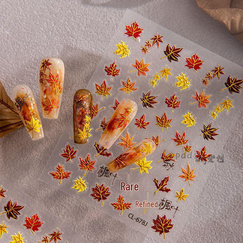 Autumn/Winter Maple Leaf Embossed Nail Stickers - Red Acacia High-Grade Stamping