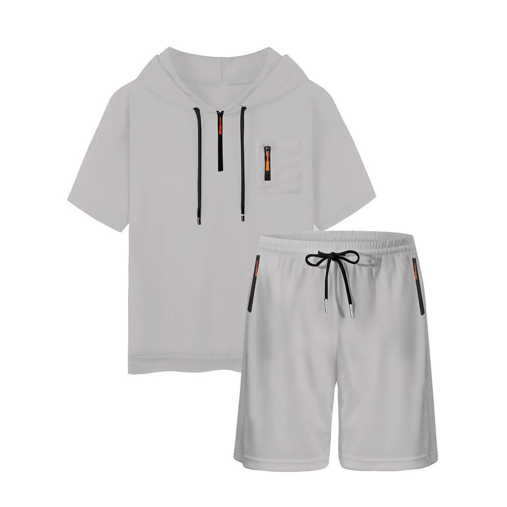 Men's Summer Mesh Short-sleeved T-shirt With Hooded Collar Suit Sports Men's Casual Shorts Two-piece Suit Men ,Two-piece Set,
