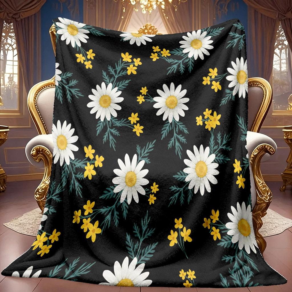 A 2D Flannel Blanket Featuring a Black Background with Daisies, Small Yellow Flowers, and Green Leaves. Soft High-definition Digital Print, a Cooling