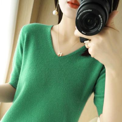 Strickoberteil mit V-Ausschnitt und kurzen Ärmeln - Herbst 2022 Koreanischer Stil, Casual, Locker geschnitten für Damen