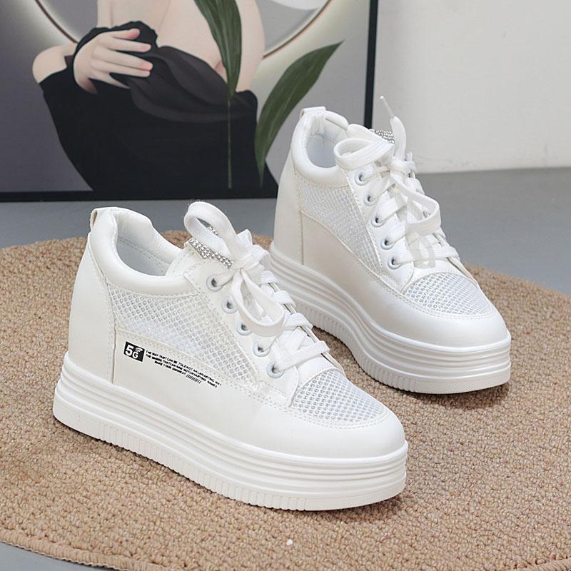 Fashion 7CM Genuine Leather Women Shoes White Skateboard Sneakers Platform Wedge Shoes Air Mesh Hollow Breathable